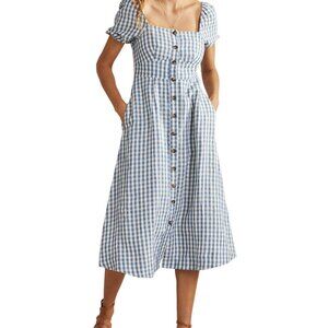 Boden Linen Dress - Square Neck Linen Midi Dress Blue